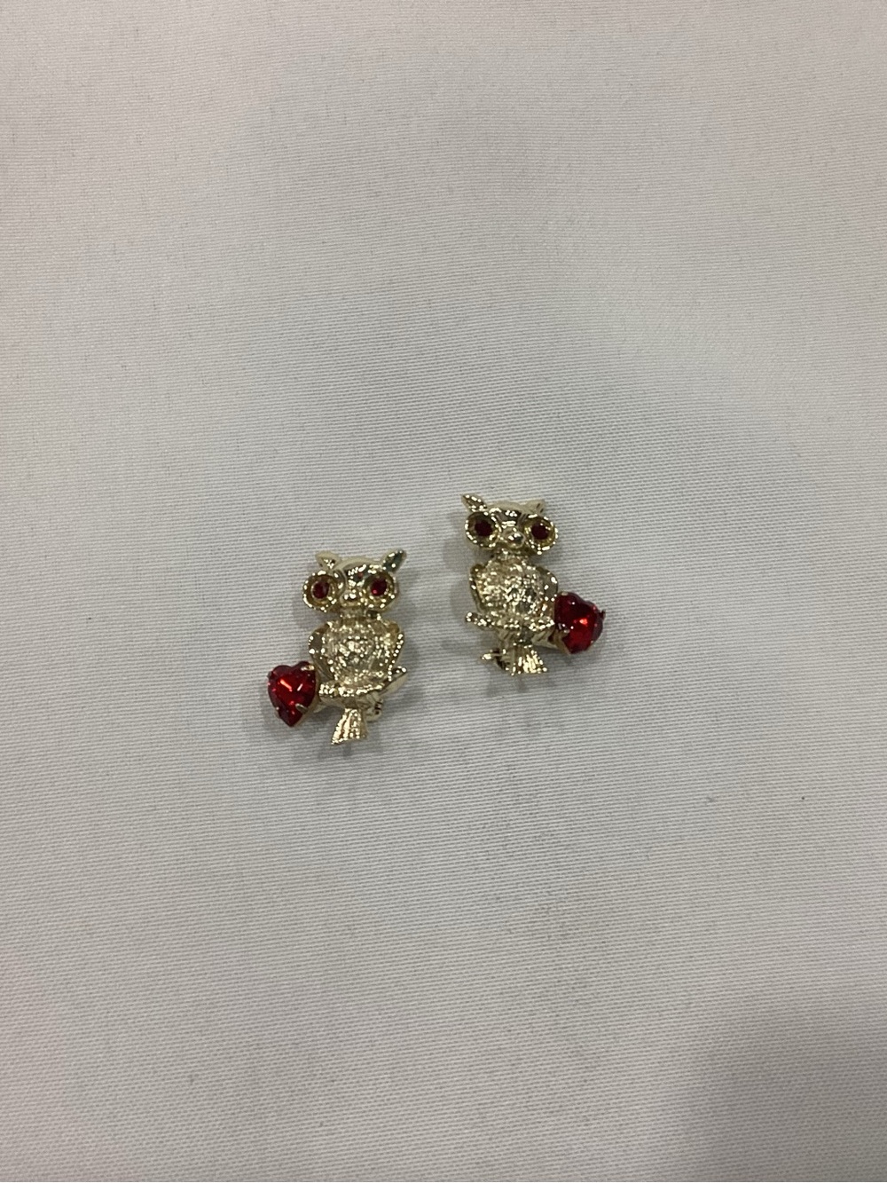 Gold Owl Stud Earrings with Red Crystal Hearts